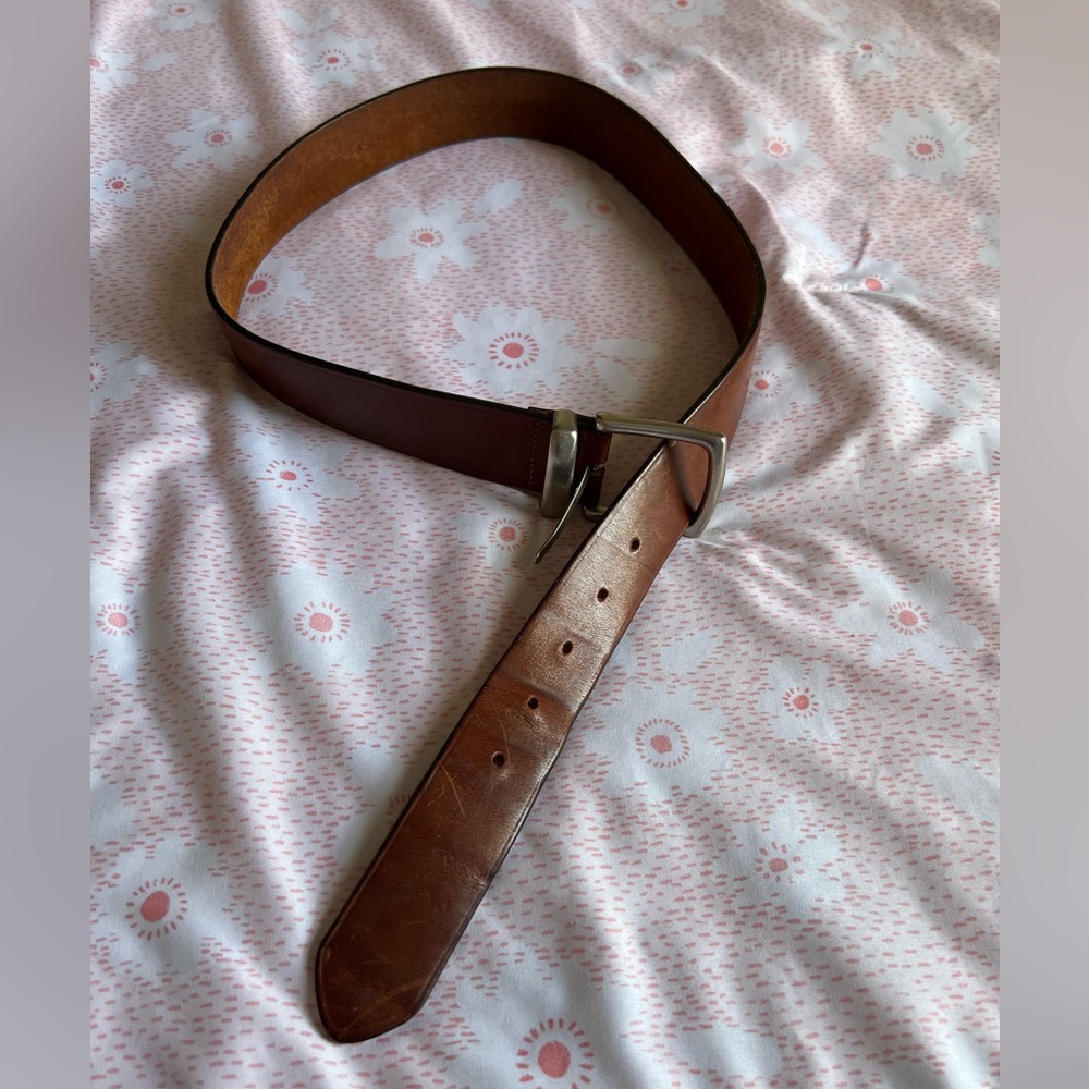 VTG GAP Cognac Brown Genuine Leather Belt Solid Brass Silver Buckle 34 Waist - Picture 3 of 11